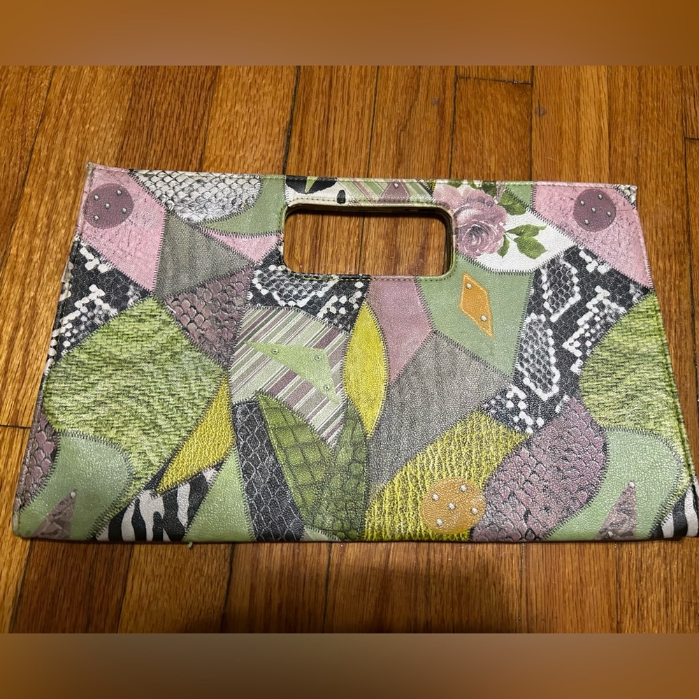 Giannini Animal Print Floral Faux Leather Green Pink Clutch